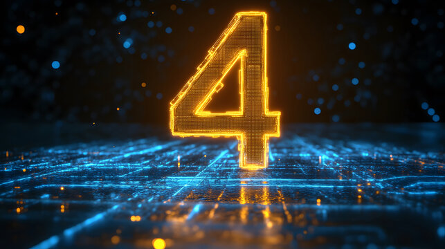 Digital number four glowing with futuristic technology style design