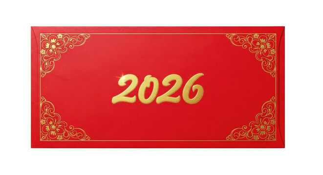 Red envelope with gold 2026 text, featuring ornate floral corner patterns and a rectangular border on a solid black background