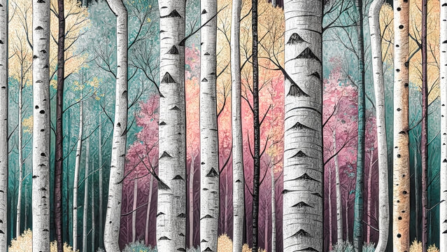 Seamless A beautiful painting of a birch forest in autumn, with colorful leaves and white bark