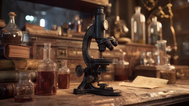 A vintage science lab filled with antique microscope and equipment, and the early days of scientific exploration and groundbreaking discoveries.