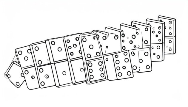 Black Outline Domino Tiles Arranged in Falling Chain on White Background