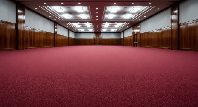 Expansive Burgundy Carpeted Hallway with Modern Lighting and Wood Panel Walls