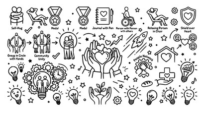 Obraz premium Minimal Black and White Line Art Icons with Heart Hands Smile and Gift Box Vector Illustration
