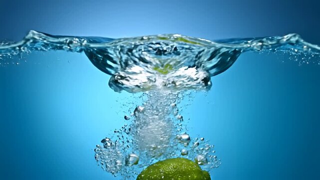 Lime Dropping into Water Splash Close Up Slow Motion.