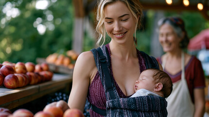 Naklejka premium Postpartum mother at farmer's market on summer morning, newborn sleeping in structured carrier against chest, selecting stone fruit with one hand, older woman vendor smiling with recognition and qui
