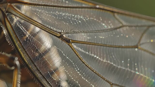 Macro shot of a cicadas transparent wings with intricate veining and body detail.