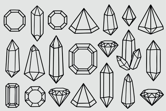 Collection of diverse crystal and gemstone outlines featuring various geometric shapes, facets, and natural mineral formations in line art.