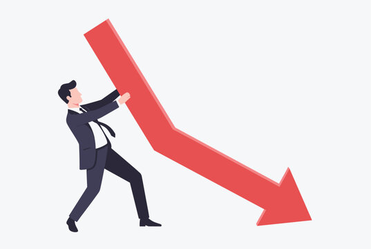 Determined businessman struggling to push back against a falling red graph arrow representing financial crisis or business downturn.