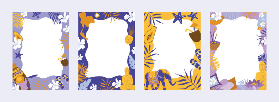  Thailand exotic frames set with buddha, hamsa hand and tropical palm leaves. Luxury spa, yoga menu and wellness certificate border template.