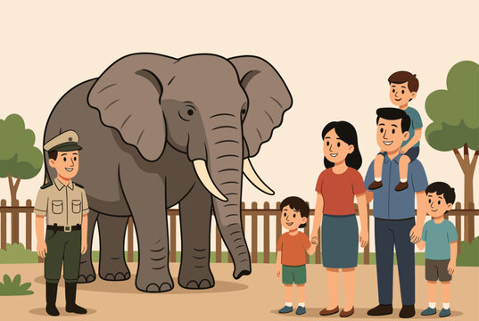 Family of four visiting a zoo and standing next to a large African elephant while a friendly park ranger looks on from the side.
