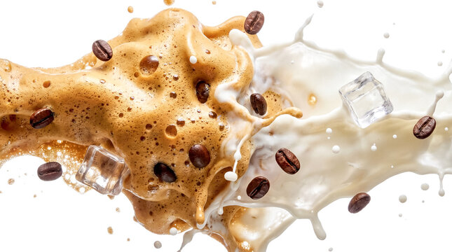 Studio product shot of a dynamic top-view splash vortex mixing rich brown coffee foam and white milk swirl with flying ice cubes.