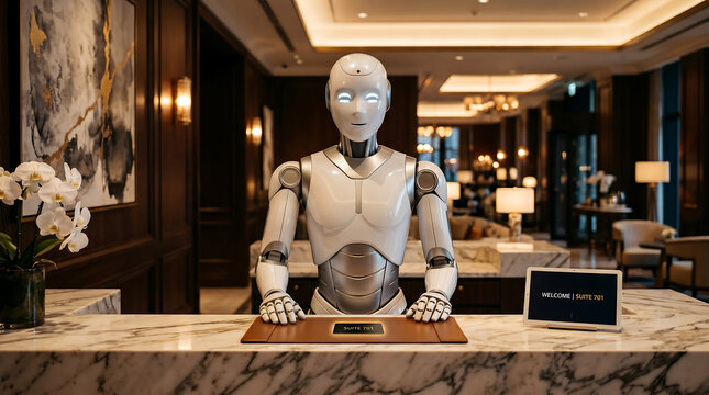 Humanoid robot receptionist at luxury hotel front desk assisting guests with smart AI concierge