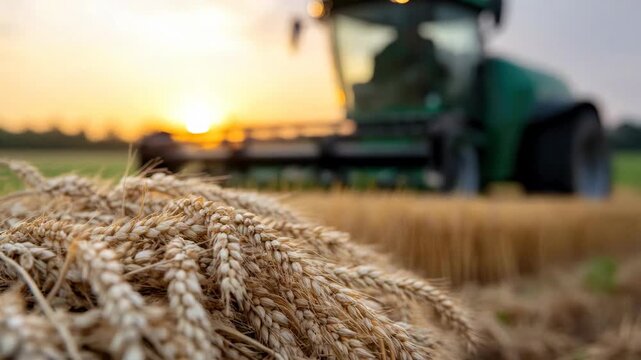 Wheat head, a mechanical harvesting vehicle gathers golden ripe cereal kernel from a vast cultivated land during an essential summer yield time at sundown.