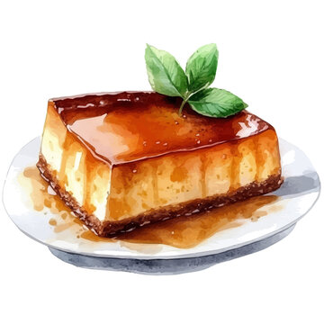 watercolor vector of Caramel Flan, isolated on a white background.