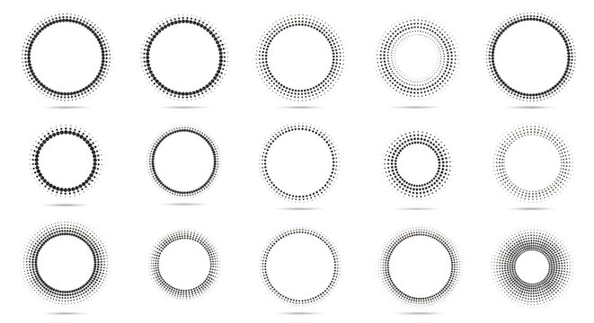 Set of fifteen circular white wireframe whisk isolated on a black background, featuring various radial patterns and metallic wire textures