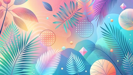 Fototapeta premium Colorful Tropical Palm Leaves with Geometric Shapes Background Design Illustration