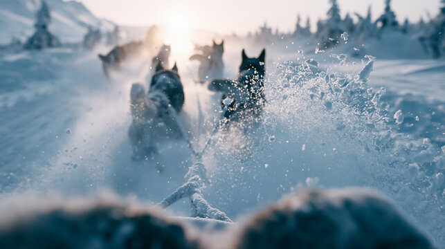 First-person perspective riding a dog sled through a snowy wilderness, sled ropes and gloved hands visible in foreground, snowflakes hitting and obscuring the lens, dogs running ah