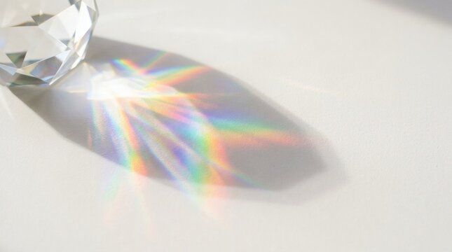 Abstract rainbow light reflection on transparent faceted gemstone against white background