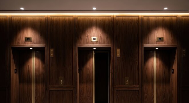 Luxurious dark walnut wood paneled elevator hallway with warm ambient lighting and modern design elements