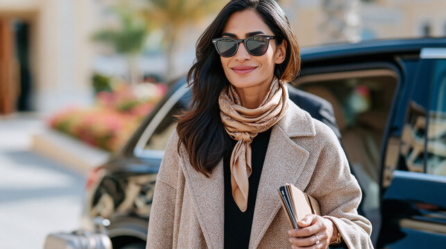 Ultra realistic cinematic luxury lifestyle campaign photo, elegant Middle Eastern woman stepping out of premium black SUV at luxury resort entrance, medium shot not full body, casu