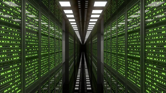 Data center server room interior with flashing neon green lights. 3d animation
