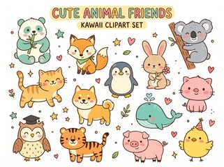 Fototapeta premium Hand-Drawn Illustration Collection of Cute Animals and Nature