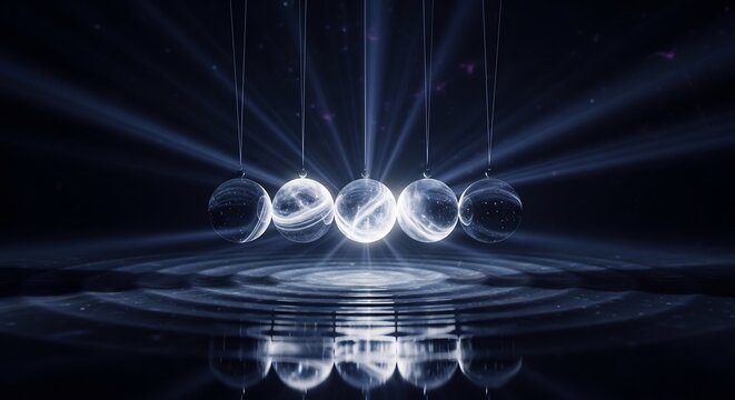Glowing Glass Spheres Hanging Above Rippled Water in Dark Abstract Space