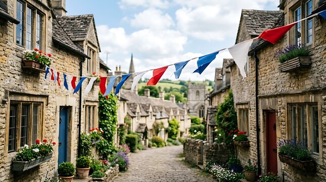 Charming English Village Street with Festive Bunting and Stone Cottages