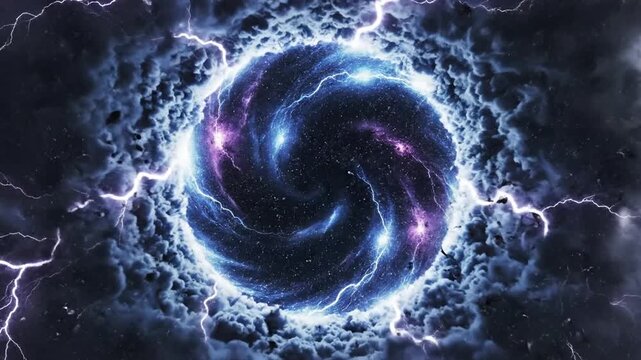 Dramatic storm clouds with lightning and energy swirls against dark sky