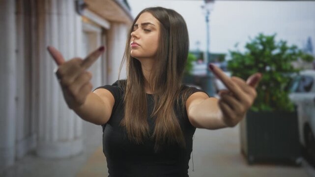 Young hispanic woman showing middle fingers with outstretched arms and clenched jaw in front of building entrance on street, frontal view; defiance confrontation.