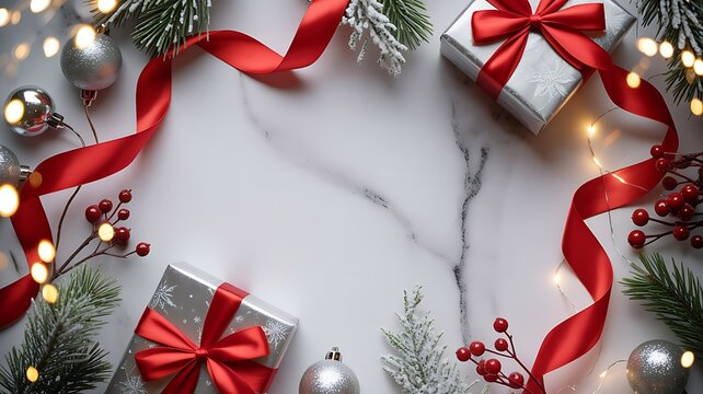 Festive Christmas presents with red ribbon and twinkling lights arranged on a marble surface