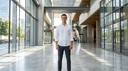 Fototapeta premium Confident Young Businessman Standing in a Modern Office Lobby