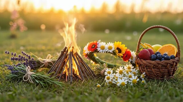 Bonfire ritual celebrating summer solstice, bright flames surrounded by wild chamomile, lavender bouquets, floral wreath, and fruit basket on lush green grass, marking litha midsummer festival.