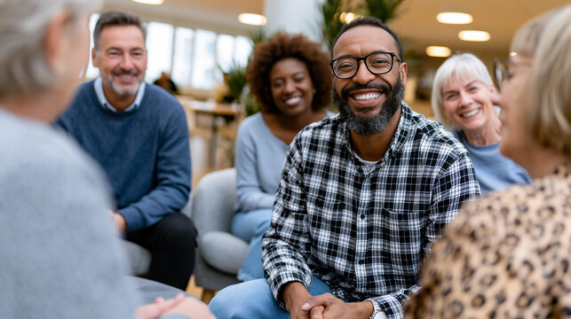 Warm cinematic photo of a diverse group therapy session in progress in welcoming modern clinic room, therapist and four clients of different ages and backgrounds seated in relaxed