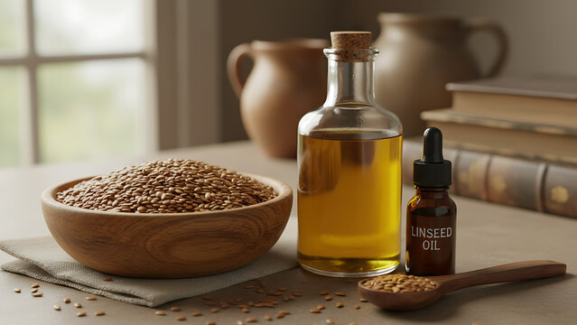 Nutritious brown flaxseeds and golden organic linseed oil in a glass bottle on a rustic wooden background, raw healthy superfood seeds rich in omega-3 fatty acids for dietary wellness and nutrition.