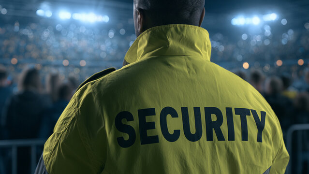 Back View of Security Guard at Crowded Football Stadium
