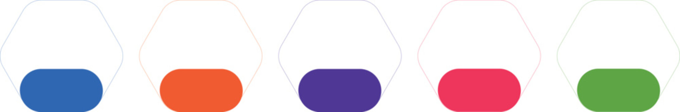 A minimalist vector set featuring five thin-line hexagon frames containing solid rounded capsule shapes. This clean and professional graphic asset is ideal for minimalist design projects web user 