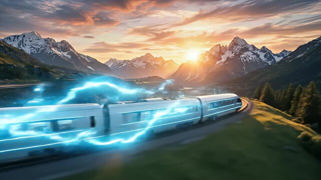 Futuristic high-speed train, propelled by hydrogen power, moving along elevated railway tracks through natural mountain range during golden sunset, visualizing clean energy transportation development.