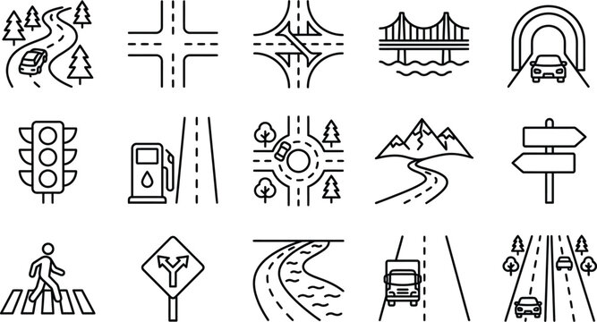 traffic signs set with various symbols and road indicators featuring directions, warning, caution with speed and limit