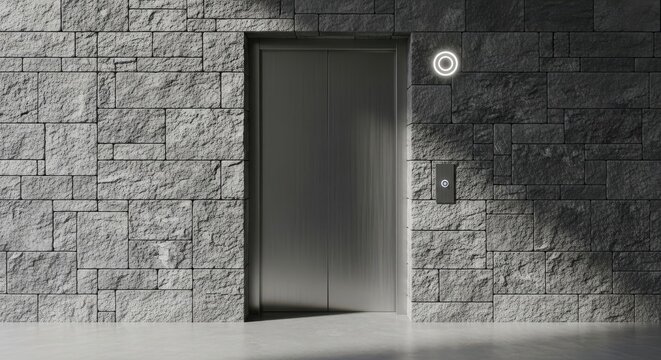 Modern brushed stainless steel elevator doors set within a textured grey stone brick wall with a circular light fixture and call button.