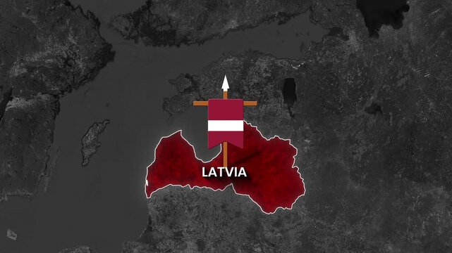 Animated Map of Latvia Country Highlighted With National Flag Pin on Dark Satellite View