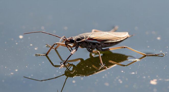 Water strider gliding on a calm pond surface