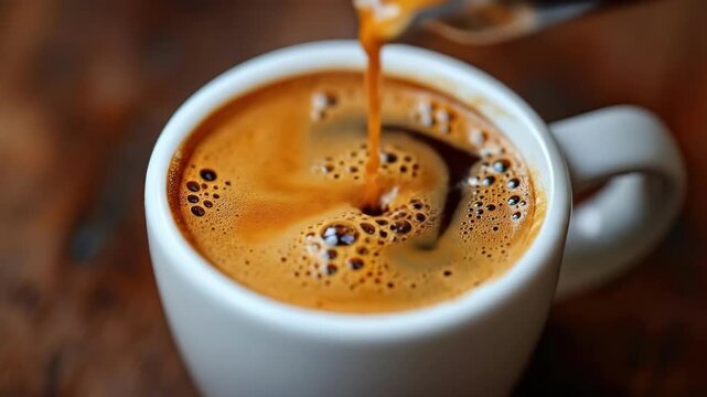 Close-up of espresso pouring into white cup creating rich crema