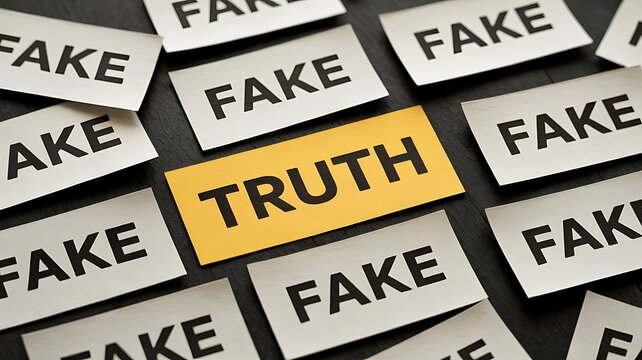 A yellow card with truth stands out among white cards with fake written on them