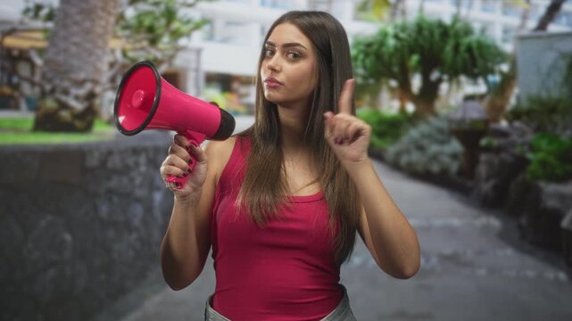 Woman holding pink megaphone points finger in a pedestrian street lined with planters, stone wall and walkway; assertive protest call.