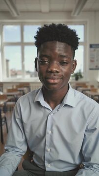 Young African male student in light blue shirt smiles warmly while seated in a classroom with empty desks and bright windows in the background, showcasing a positive learning environment