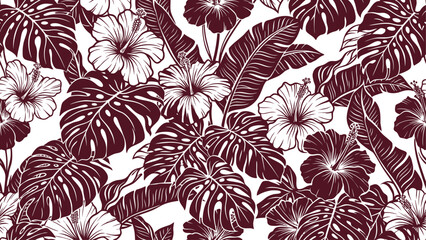 Seamless tropical pattern with burgundy monstera leaves and hibiscus flowers on a white background. Vector exotic foliage backdrop. © Dijee Art