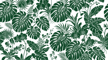 Fototapeta premium Seamless tropical pattern with green monstera leaves and orchids