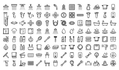 80 modern shower line icons with editable bathroom water spray vector design © Md