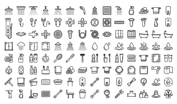 80 modern shower line icons with editable bathroom water spray vector design
